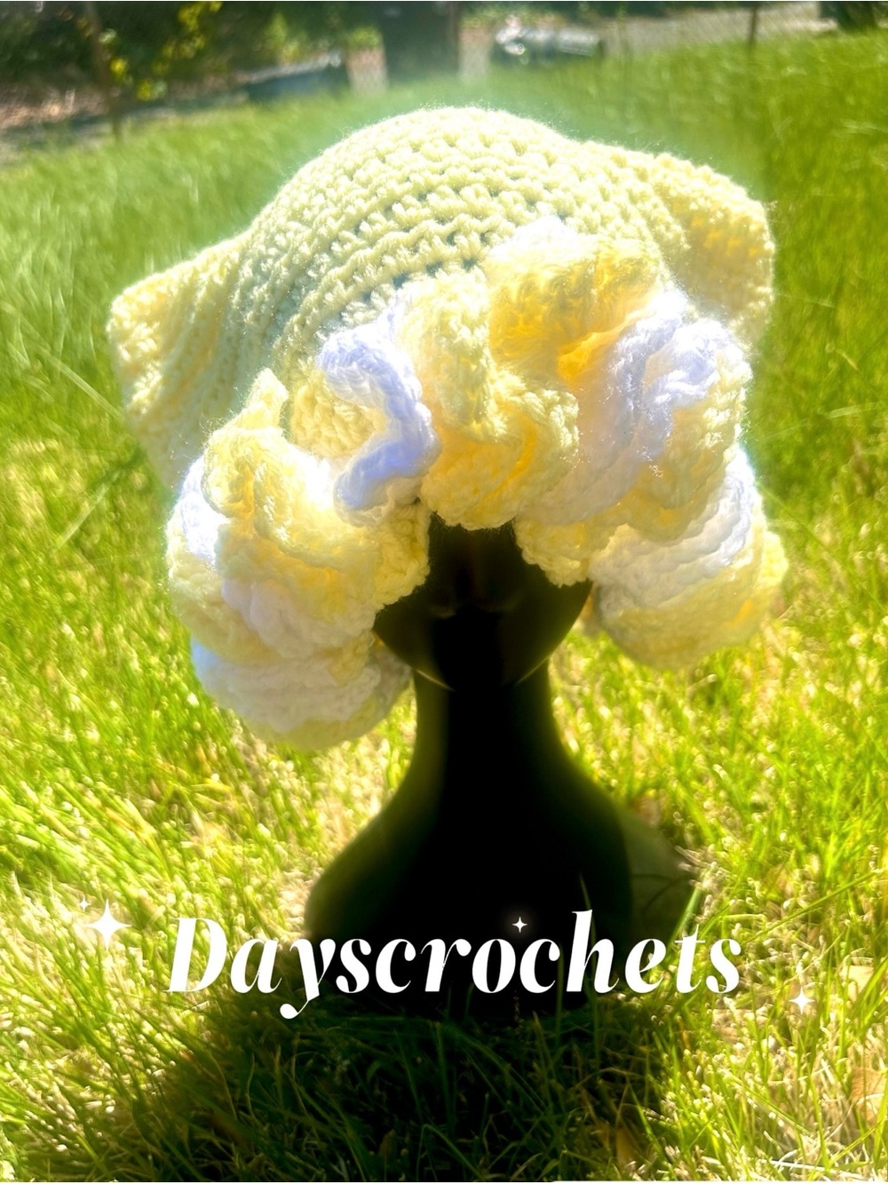 Yellow & White Crochet Ruffle Hat for Women